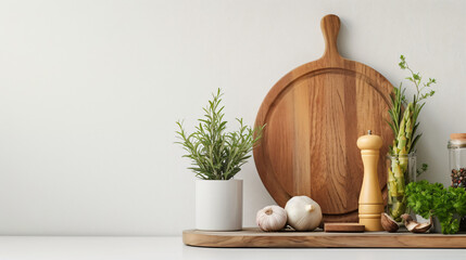 Empty white table with cutting board