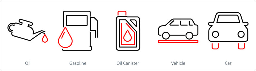 A set of 5 Car icons as oil, gasoline, oil canister