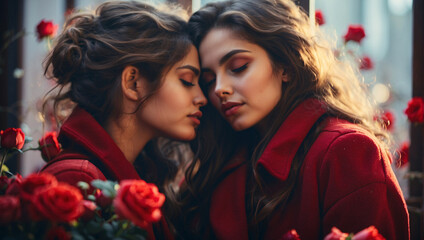 Beautiful lesbian couple posing against of red roses. Women joy, happiness LGBT marriages. Fight for equal rights for LGBT people, same-sex marriage. Portrait happy couple of LGBT women, in red coats