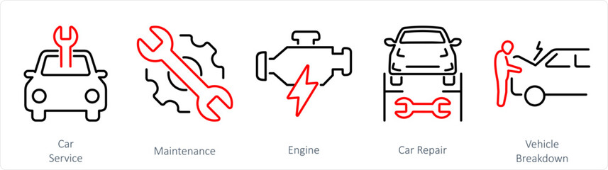 A set of 5 Car icons as car service, maintenance, engine