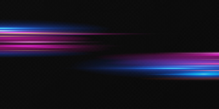 Neon lines moving light effect. Horizontal lines. Speed ​​effect on a transparent background. Lines of light, speed and movement. blue and red.	