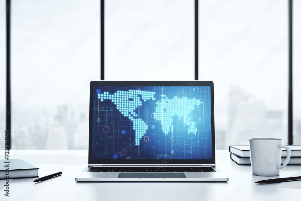 Wall mural Modern computer monitor with abstract digital world map, research and strategy concept. 3D Rendering