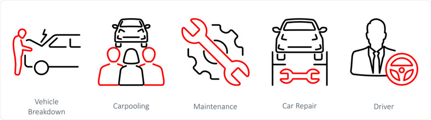 A set of 5 Car icons as vehicle breakdown, carpooling, maintenance