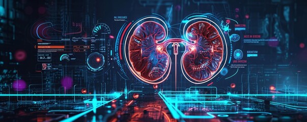 futuristic medical research or kidney health care with diagnosis and vitals infographic biometrics for clinical and hospital kidney dialysis or kidneys stone disease ultrasound as wide, Generative AI - obrazy, fototapety, plakaty