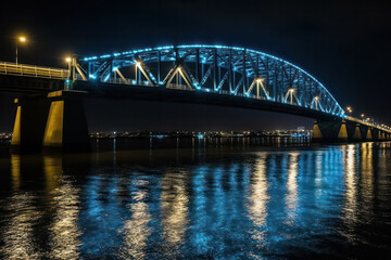View of bridge with lights and water