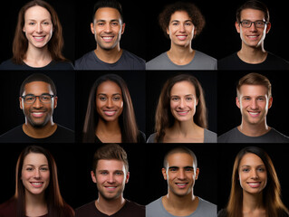 Many Headshots of a smiling men and women of all ages on a gray background looking at the camera,  - obrazy, fototapety, plakaty