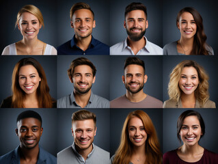 Many Headshots of a smiling men and women of all ages on a gray background looking at the camera, 