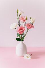 Beautiful white and pink Eustoma (Lisianthus) flowers in a vase on a pink pastel background.
