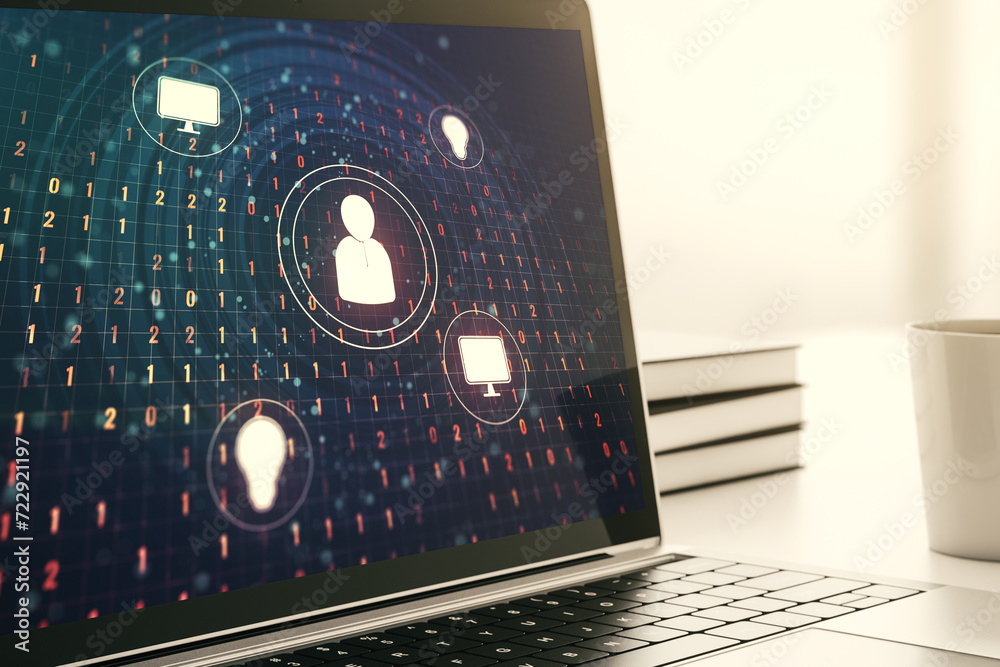 Aufkleber Modern computer display with social network icons concept. Networking concept. 3D Rendering