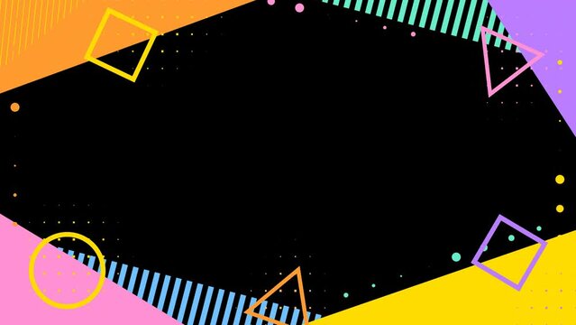 4k colorful geometric animated frame on transparent background. Abstract borders with pink corners, dotted line halftone yellow pattern. Light green blue dots. Seamless looped trendy childish creative