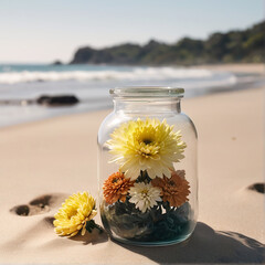 A Captivating Chrysanthemum Jar Amidst Beach Serenity AI GENERATED