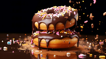 Chocolate donut with sprinkles. Sweet background