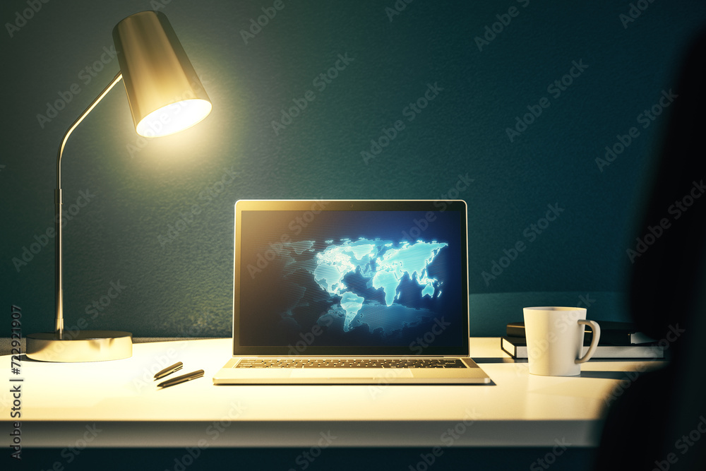 Poster abstract creative digital world map on modern laptop monitor, tourism and traveling concept. 3d rend