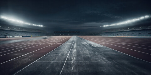 front view of an athletics stadium with a racetrack and starting blocks , night sky