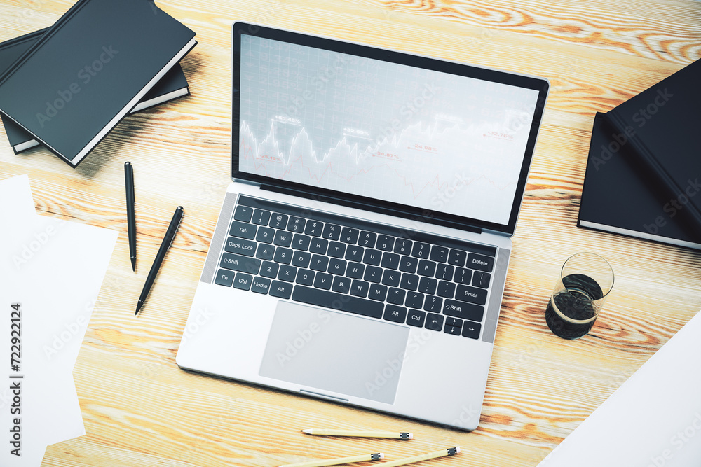 Poster computer monitor with abstract financial graph, finance and trading concept. 3d rendering