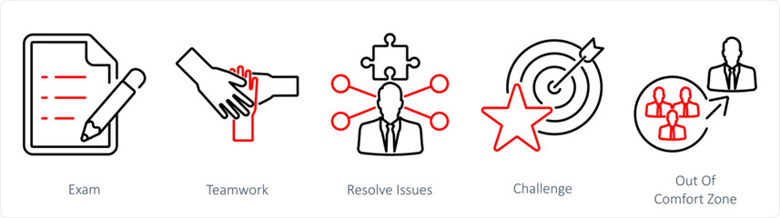 A set of 5 Challenge icons as exam, teamwork, resolve issues