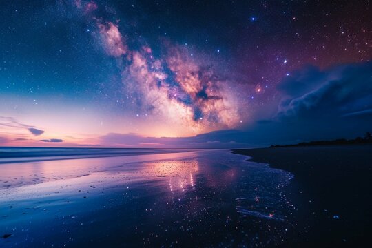 Coast as a background from wide view. Dusk time on the beach with milky way sky