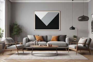 Minimal retro interior design of living room with grey couch