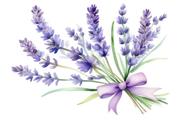 Watercolor bouquet of lavender branch tide up by purple ribbon on white background, Botanical herbal illustration for wedding or greeting card, Wallpaper, wrapping paper design, textile, scrapbooking