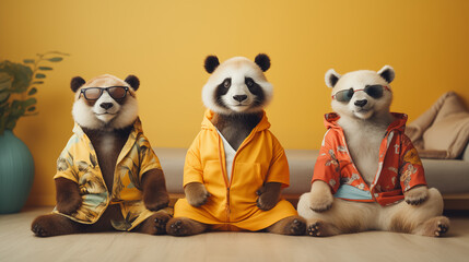 Adorable funny panda bears in the yoga class 