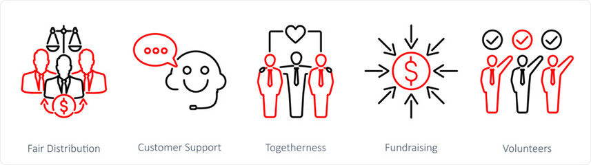 A set of 5 Charity and donation icons as fair distribution, customer support, togetherness