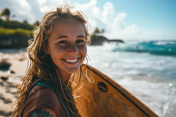 Surfing hobby sport, happy young woman surfer with surfboard on the seashore looking at the camera
