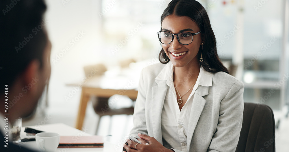 Poster interview, human resources and meeting with business people, conversation and hiring with b2b and re