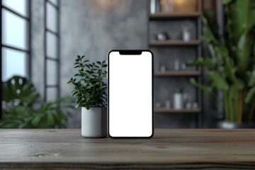 Empty Phone Vertical Screen Mockup on Tabletop Plant Aesthetic Balance