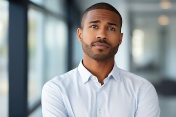 Obraz premium employee manager thinking of problem solution at office head shot close up, african american businessman entrepreneur looking away.