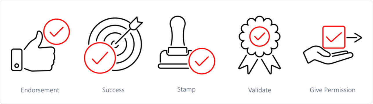 A set of 5 Checkmark icons as endorsement, success, stamp