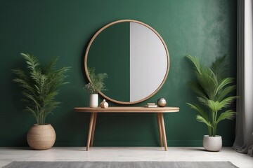 Round mirror and table with accessories near green wall in modern room interior - obrazy, fototapety, plakaty