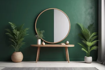 Plexiglas foto achterwand Round mirror and table with accessories near green wall in modern room interior © Dhiandra