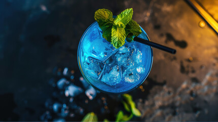 top view blue cocktail glass  with mint leaf 