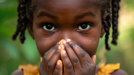 portrait of a black 6 year old kid covering her mouth and nose with her hands  - obrazy, fototapety, plakaty