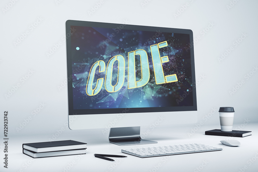 Fototapete creative code word sign on modern computer monitor, international software development concept. 3d r