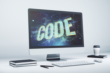 Creative Code word sign on modern computer monitor, international software development concept. 3D Rendering