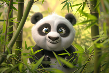 Cute 3d cartoon panda in bamboo forest