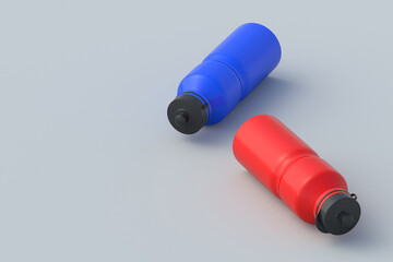 Drink for fitness. Equipment for gym or travel. Bike accessories. Thirst quencher beverage. Two sport water bottles. Copy space. 3d render