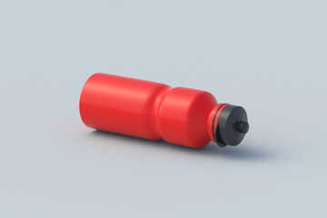 Equipment for gym or travel. Bike accessories. Drink for fitness. Thirst quencher beverage. Red sport water bottle. 3d render