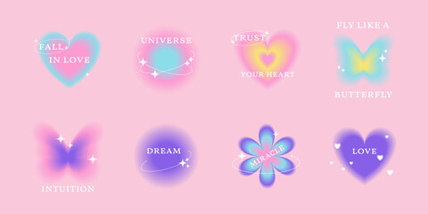 Colorful abstract stickers in y2k style. Retro vintage elements with aura gradient. Blurry butterfly, flower, heart, love illustration with text. Vector