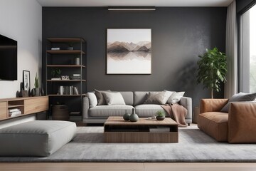 interior of modern living room with laptop, carpet and furniture