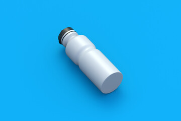 White sport water bottle on blue background. Equipment for gym or travel. Bike accessories. Drink for fitness. Thirst quencher beverage. 3d render