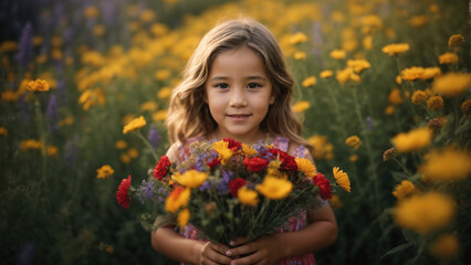 Naklejka premium flower, beauty, sunflower, nature, summer, field, yellow, child, smile, people, face, flowers, person, happiness, smiling, woman, garden, spring, gardening, bouquet, outdoors, park, blossom, internat