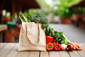 vegetables in a bag on a wooden table