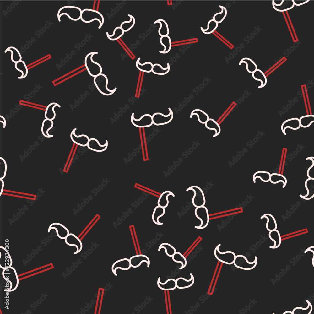 Sticker Line Paper mustache on stick icon isolated seamless pattern on black background. Concept with cardboard carnival mask. Mask for a photo shoot. Vector