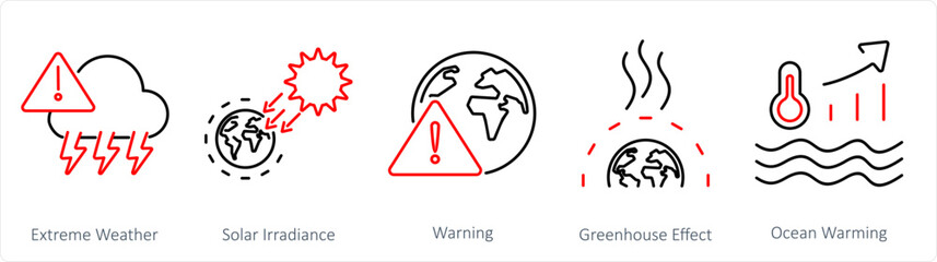 A set of 5 climate change icons as extreme weather, solar irradiance, warning