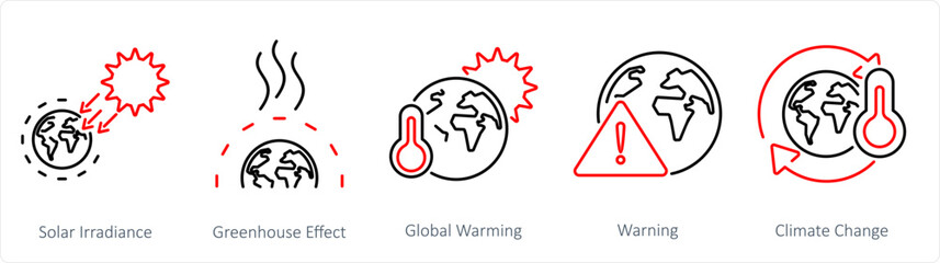 A set of 5 climate change icons as solar irradiance, greenhouse effect, global warming
