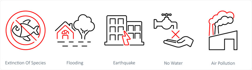 A set of 5 climate change icons as extinction of species, flooding, earthquake