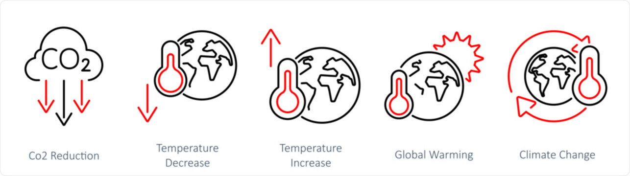 A set of 5 climate change icons as co2 reduction, temperature decrease, temperature increase