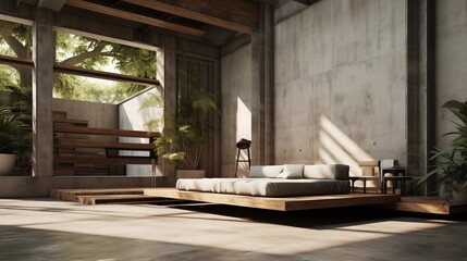 Concrete and wood elements for an industrial Zen vibe.